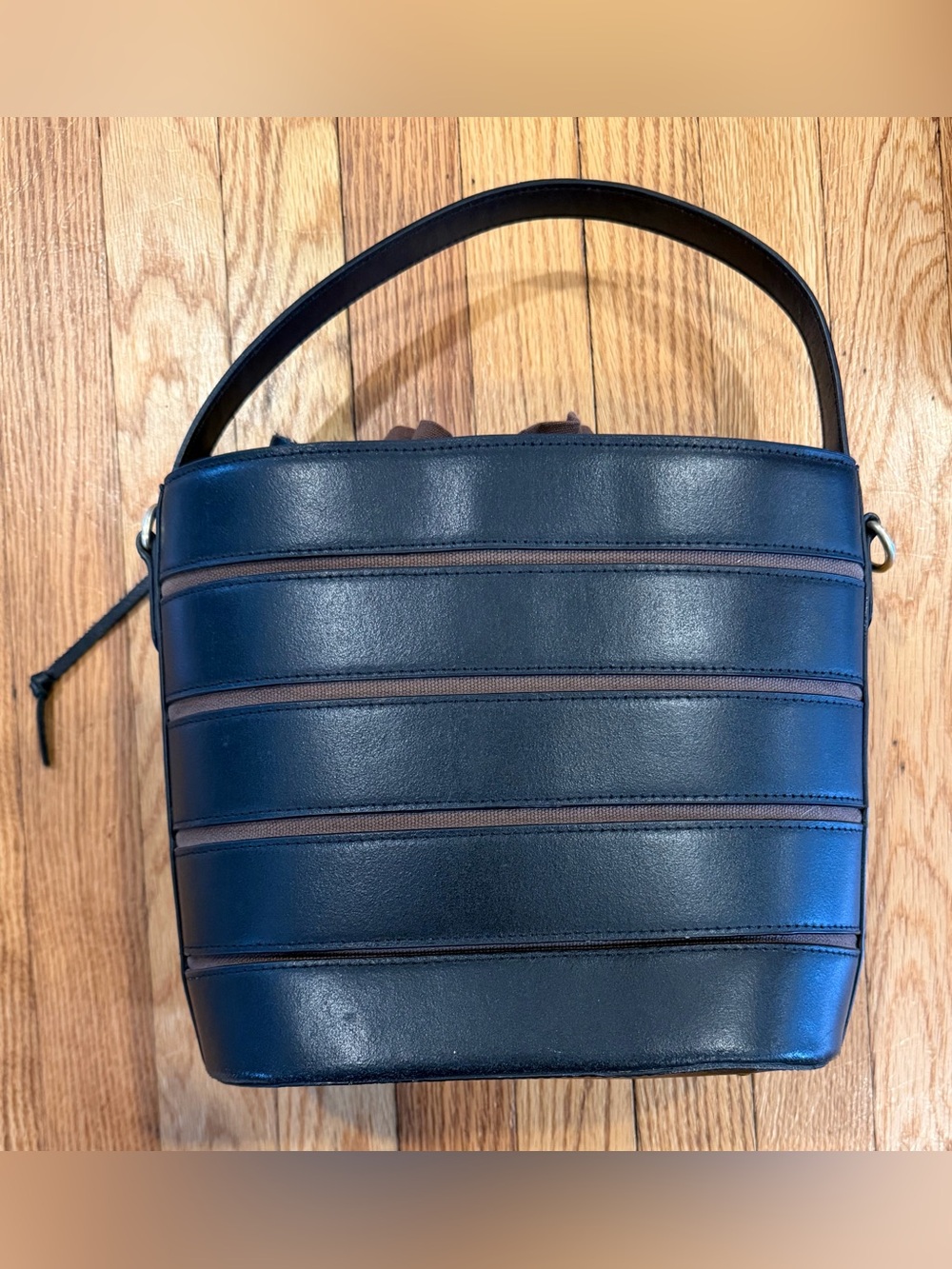 MW Black Leather and Brown Canvas Bucket Bag with Cinch Liner